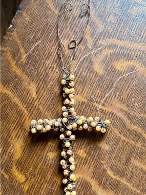 Handmade Wire-Wrapped Cross Pendant with Golden Beads